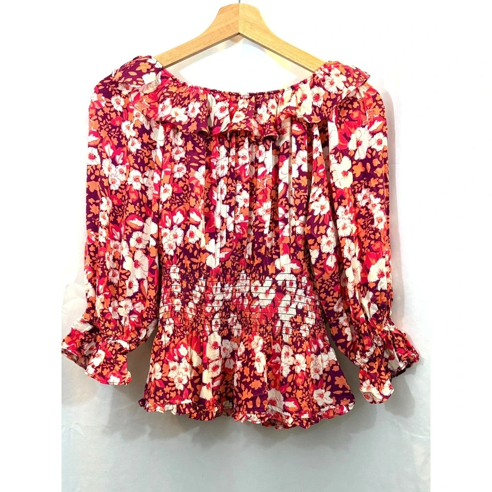 Free People Sweet Memories‎ Pink Multi Floral Print Ruffled Puff Sleeve Top XS